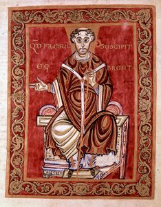 Eveque Egbert de Treves otrzymuje psałterz z rąk mnicha Rudprechta (nie przedstawiono tutaj) - Miniatura Kodeksu Egbert (Codex Egberti) szkoły Reichenau, 980 - Cividale del friuli, Museo Archeico lub Cathedrale de Civid autorstwa German School