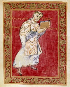 Mnich Ruodprecht przenosi rękopis do łuku Egbert de Treves (977-993) Miniatura Kodeksu Egberta (Codex Egberti) przy szkole Reichenau. Cividale del Friuli, Museo Archeologico lub Cathedrale de Cividale autorstwa German School