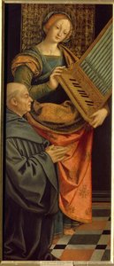 Święta Cecylia Rzymska (III w.) (św. Cecylia). Niosący organy, z mnichem klęczącym w modlitwie u jego stóp. Obraz Gerolamo Giovenone (1490-1555), tempera na drewnie, po 1530. Sztuka włoska (Mediolan)