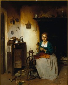 Młoda kobieta przędąca wełnę, jej wyraz twarzy jest smutny, a jej wnętrze nieszczęśliwe. Obraz Gerolamo (Girolamo) Induno (1825-1890) wym. 65x52 cm Genes Nervi, Galleria d