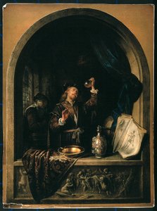 Lekarz badający próbkę moczu pobraną od starszej kobiety autorstwa Gerrit Dou