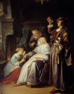 Kobieta uwodniona. Lekarz bada mocz kobiety z obrzękiem. Szczegół. Obraz Gerarda Dou (1613-1675)
