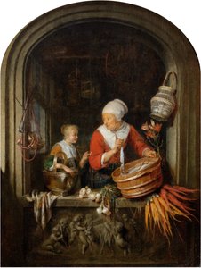 Kobieta sprzedająca śledzie i dziewczyna w oknie autorstwa Gerrit Dou