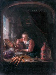 Młoda kobieta nalewająca wodę z dzbanka autorstwa Gerrit Dou