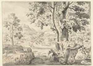 Zalesiony krajobraz z pasterzem, mężczyzną i kobietą autorstwa Gerrit Grasdorp (possibly)