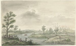 Krajobraz z krętą rzeką i wędkarzami autorstwa Gerrit Grasdorp (possibly)