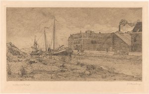 Zacumowane barki w fabryce autorstwa Gerrit Haverkamp (signed by artist)