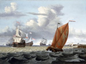 Nawigacja w holenderskim porcie, z wieżą kościoła i kilkoma budynkami, prawdopodobnie Enkhuizen (Holandia) na Zuiderzee (lub Zuyderzee lub Morzu Południowym) oraz opis szerokiej gamy statków: kuter do połowu śledzi i statki Holenderskiej Wspólnoty Wschodni autorstwa Gerrit Pompe