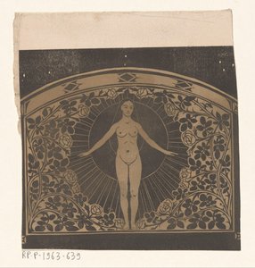 Projekt na ramę kalendarza z 1901 roku z kobietą i kwiatami autorstwa Gerrit Willem Dijsselhof