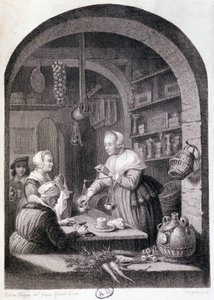 Wiejski sklep spożywczy ważenie z wagą. sd. 18 wiek autorstwa Gerrit or Gerard (after) Dou