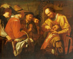 Znachor dentysta wyrywający ząb, podczas gdy grupa gapiów obserwuje w pobliżu autorstwa Gerrit van Honthorst