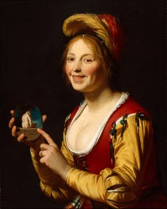 Uśmiechnięta dziewczyna, kurtyzana, trzymająca obsceniczny wizerunek autorstwa Gerrit van Honthorst