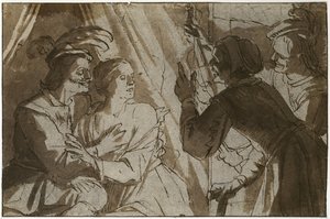 Syn marnotrawny (pióro i brązowy tusz z rozmyciem na czarnej kredzie na papierze) autorstwa Gerrit van Honthorst