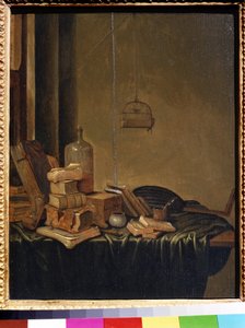 Martwa natura z książkami. Obraz Gerrita van Vuchta (1600 lub 1620 – ok. 1697). Olej na drewnie, 34 x 28 cm. XVII-wieczna szkoła holenderska. Muzeum Sztuk Pięknych im. Puszkina w Moskwie. autorstwa Gerrit van Vucht