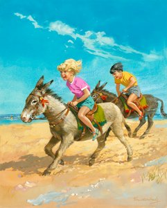 Chłopiec i dziewczynka jeżdżący na osiołkach na plaży