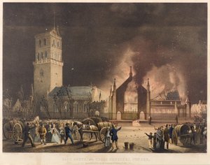 Kościoły wschodnie, południowe i krzyżowe, Dundee, jak pojawiły się w ogniu w niedzielę 3 stycznia 1841 r., ok. 1841 r. (litografia)