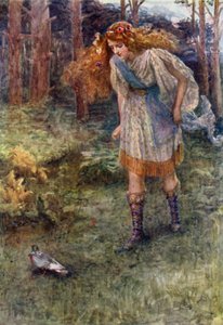 „I kiedy tylko się zbliżała, gołąb leciał trochę do przodu” (litografia kolorowa) autorstwa Gertrude E. Demain (after) Hammond
