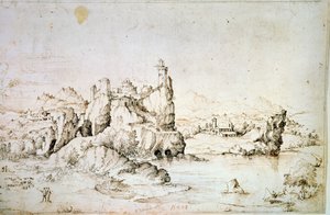 Zamek na skale w Mountainscape, 1540. autorstwa Gherado Cibo