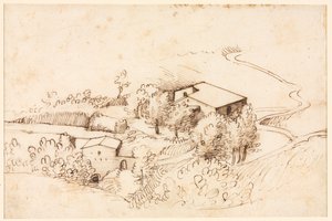 Farma z drzewami w pagórkowatym krajobrazie, 1567. autorstwa Gherardo Cibo