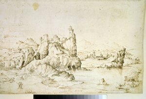 „Zamek na skale w górskim krajobrazie” (Zamek na skale w górskim krajobrazie) Brązowy rysunek Gherardo Cibo (1512-1600) 1540 Muzeum Puszkina, Moskwa autorstwa Gherardo Cibo