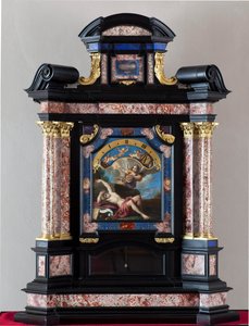 Zegar z przedstawieniem słyszenia św. Hieronima na trąbie sądu ostatecznego Obraz: Giacinto Brandi (1621-1691) Konstrukcja i mechanizm zrealizował Giuseppe Campani - XVII wiek Dim 128x100x44 cm Genes musei di strada nuova