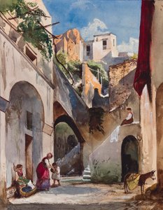 Domy na Costierze Półwyspu Sorrentyńskiego, z uzupełnieniami księżnej Marii Annunziaty di Borbone (1843-1871), 1853 (ołówek, wc i gwasz na papierze) autorstwa Giacinto Gigante
