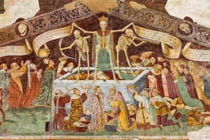 Śmierć stojąca na sarkofagu, gdzie leży martwy papież i cesarz, fragment Triumfu Śmierci i Tańca Śmierci