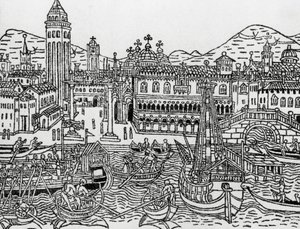 Widok Wenecji w XV wieku, Włochy, drzeworyt, z Suplementum chroniarum autorstwa Giacomo Filippo Foresti (1434-1520) autorstwa Giacomo Filippo Foresti