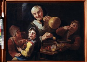 "Posiłek Chłopski" (Posiłek Chłopski) Stara wieśniaczka i troje dzieci jedzące śniadanie na zupę, wiśnie i chleb. Obraz Giacomo Francesco Cippera (1664-1736) XVIII-wieczne Muzeum Sztuk Pięknych Ivan Kramskoy (lub Kramskoi) w Woroneżu (Woroneż),
