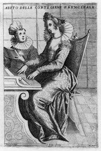 Kurtyzana w eleganckiej sukience grająca na pianinie. Grawer Giacomo Franco (1550-1620) z „Wenecji, zwyczaje i zwyczaje””, ok. 1597.