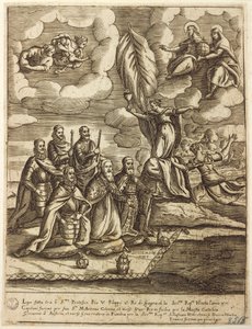 Alegoria Ligi Św. z 1571 r., przewidziana przez papieża Piusa V, Filipa Hiszpanii i doża Wenecji Alvise Mocenigo, rycina Giacomo Franco (1556-1620)