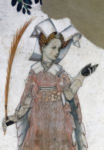 Przedstawienie markizów Saluzzo i ich małżonek jako historycznych i mitologicznych bohaterów i bohaterek. Detal: Marguerite de Roussy, żona Tomasza III jako Teuca. 1418-30