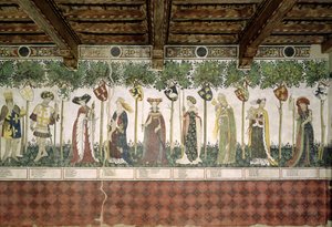 Dziewięć Godnych i Dziewięć Godnych Kobiet, fragment Karola Wielkiego, Godfrey de Bouillon, Delphine, Iynoppe, Hippolyte, Menalyppe, Semiramis, Lampeto i Tamyris, 1418-30