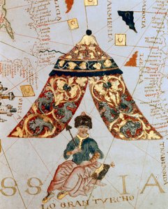 Fragment mapy autorstwa kartografa Giacomo de Maggiolo przedstawiającej sułtana Solimana (Sulejmana) Wspaniałego (1520-1566) zwanego „Wielkim Turkiem””. Miniaturowy. Muzeum Marynarki Wojennej, Genes