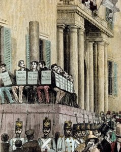 Risorgimento: „” członkowie ruchu Giovine Italia (m.in. Carlo Cattaneo (1801-1869), Tinelli, Danzi, Bussi) siedzący przed Pałacem Sprawiedliwości w Mediolanie, słuchający wyroku skazującego ich na wygnanie w 1848 roku”” 1884 Litografia Manteg