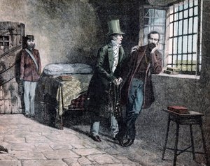 Risorgimento: „”włoski patriota Giuseppe Mazzini (1805-1872) uwięziony w Savonie w 1830 r. spotyka ojca, który popycha go do opuszczenia sardyńskich stanów”” Rycina Giacomo Mantegazza (1853-1920) 1884 Kolekcja prywatna