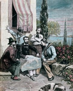 Risorgimento: wygnańcy na Korfu (Korfu), których bracia Attilio Bandiera (1810-1844) i Emilio Bandiera (1819-1844) studiują włoską mapę w celu odbycia ekspedycji. 1884 Grawerowanie z prywatnej kolekcji Mantegazzy