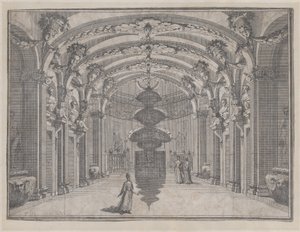 Scena teatralna w wielkiej sali ze sklepionym sufitem i centralną rzeźbą, ...,ok. 1687-1717. autorstwa Giacomo Maria Giovannini