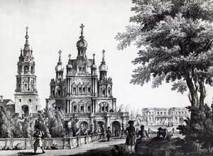 Kościół Wniebowzięcia NMP i pałac Gagarina w Moskwie, rys. Giacomo Quarenghi Domenico (1744-1817), druk, Rosja