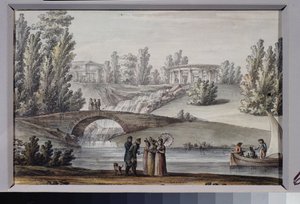 Świątynia Apolla i wodospad w Parku Pawłowskim (Sankt Petersburg). Praca Giacomo Antonio Domenico Quarenghi (1744-1817), tusz i akwarela na papierze, ok. 1800 r. Sztuka włoska