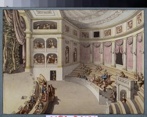Projekt dekoracji sali teatralnej. Praca Giacomo Antonio Domenico Quarenghi (1744-1817), tusz i akwarela na papierze. Sztuka włoska, klasycyzm. Państwowe Muzeum Sztuk Pięknych im. A. Puszkina, Moskwa.