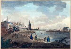 Widok na Kreml moskiewski z Kamiennego Mostu nad Moskwą (Moskwa lub Moskwa). Praca Giacomo Antonio Domenico Quarenghi (1744-1817), akwarela i tusz na papierze, ok. 1790 r. Sztuka włoska