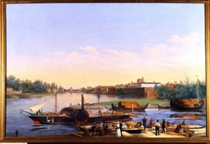 Widok na port w Pawii (Pawia) na Po i parowiec Principessa Clementina „”””” Obraz Giacomo Trecourta (1812-1882) XIX wiek