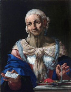 Stara kobieta z perłowym naszyjnikiem i listem (Vanitas) - Stara kobieta z perłowym naszyjnikiem i listem (Vanitas) - Giovan Battista Langetti (1635-1676). Olej na płótnie, ok. 1663. Galeria Narodowa, Praga