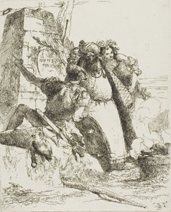 Czarodziej, żołnierz i trzy postacie obserwujące płonącą czaszkę z Scherzi autorstwa Giambattista Tiepolo