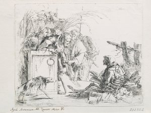 Wizyta przy śmierci. Z serii Capriccios, połowa XVIII wieku. autorstwa Giambattista Tiepolo