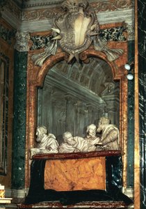 Boczna skrzynia z rodziną Cornaro, marmurowa rzeźba ze szkoły Gian Lorenzo Berniniego (1598-1680), kaplica Cornaro, kościół Santa Maria della Vittoria, Rzym, Włochy autorstwa Gian Lorenzo Bernini