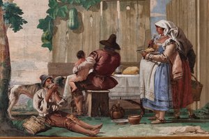 Rodzina chłopska przy stole, z Sali Scen Rustykalnych, w Foresterii (Pensjonat) 1757 (fresk)