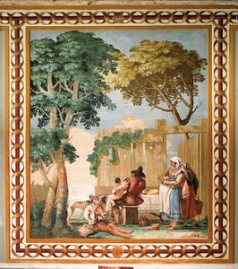 Rodzina chłopska przy stole, z Sali Scen Rustykalnych, w Foresterii (Pensjonat) 1757 autorstwa Giovanni Domenico Tiepolo