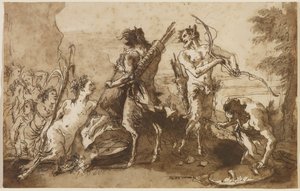 Satyry i satyryczki w pejzażu, ok. 1770 (pióro i tusz z żółcią żelazową, brązowe i szare cienie na papierze czerpanym) autorstwa Giovanni Domenico Tiepolo
